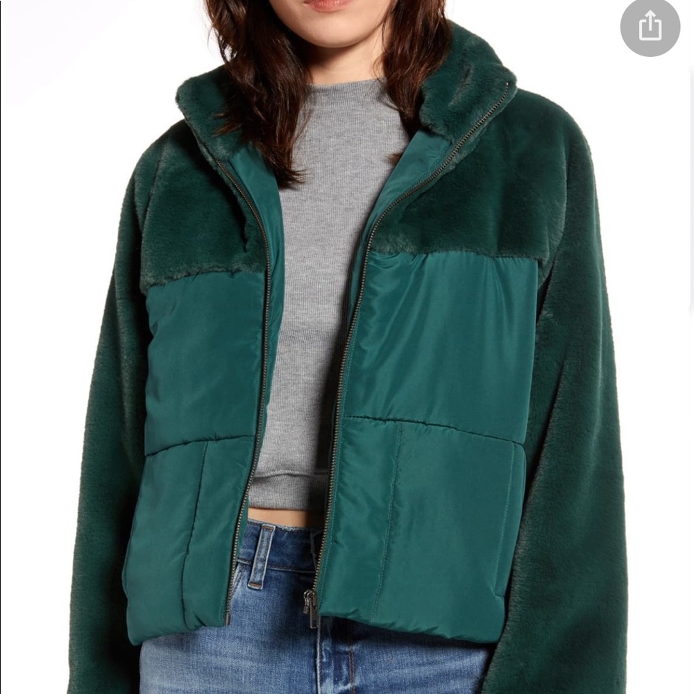 NEW Forest green Faux Fur Contrast Puffer Jacket